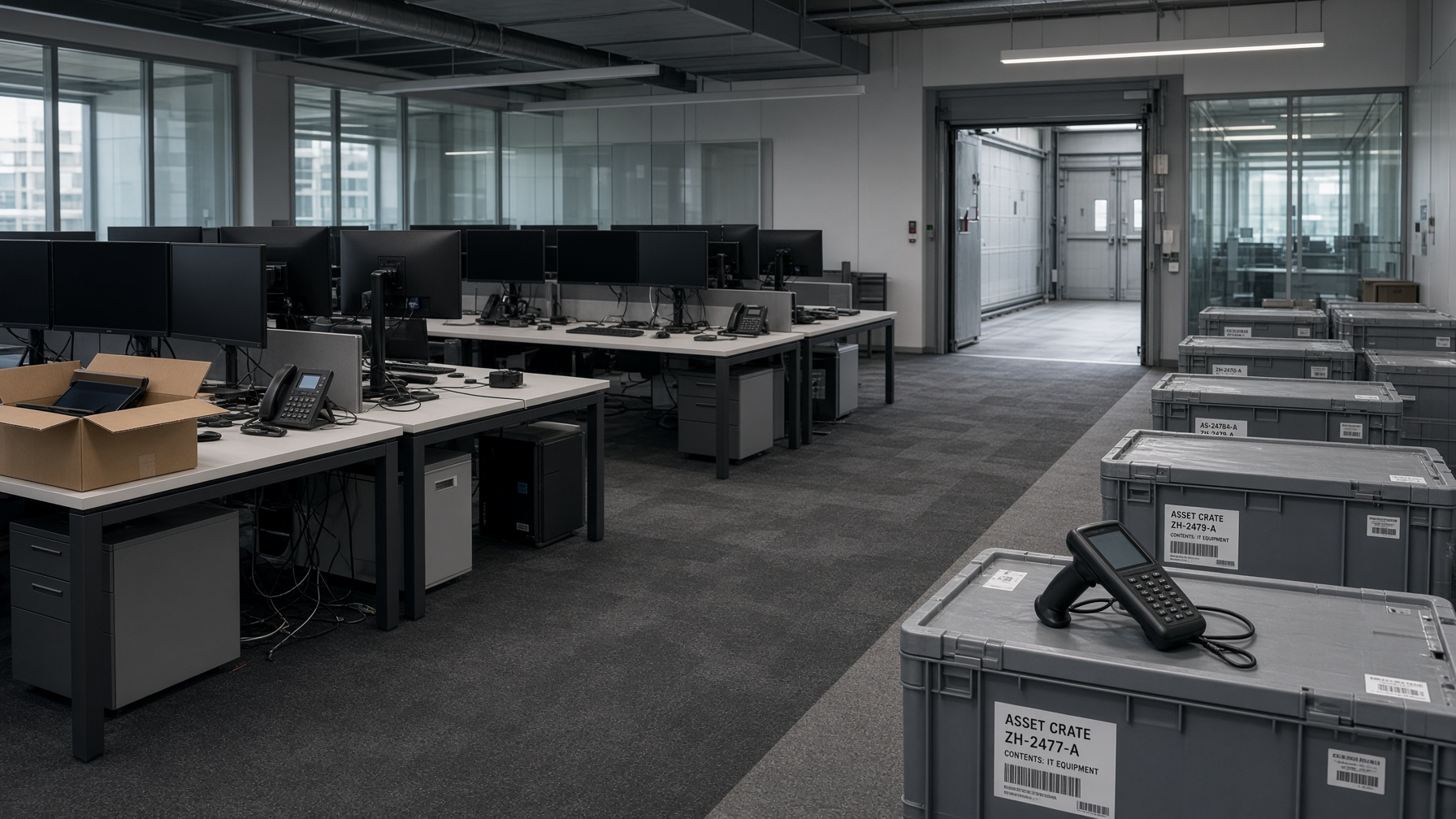 Räumung einer Banketage in Zürich: erfasste Monitore und Laptops mit Seriennummern-Scan vor dem versiegelten Transport