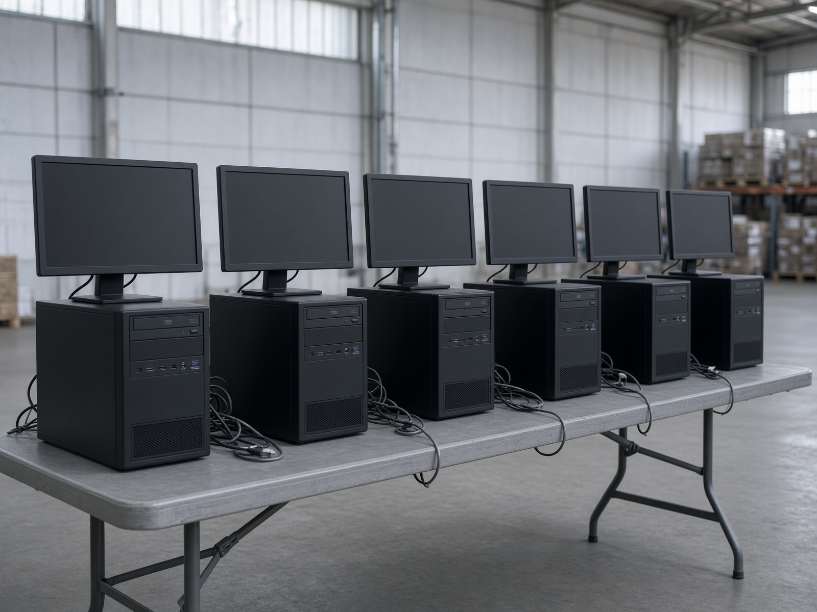 Corporate desktop computers and monitors lined up for inventory