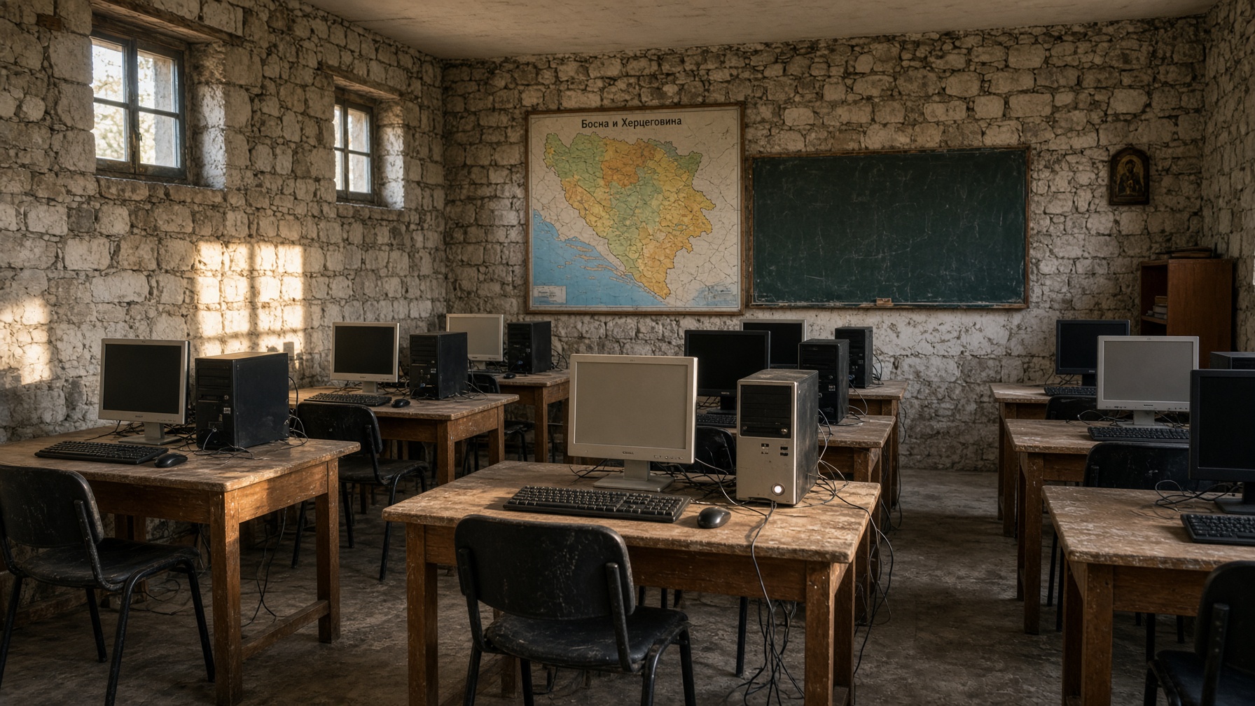 Empty stone-school computer room in Herzegovina: old PCs, a map of Bosnia and Herzegovina on the wall — the sending classroom, not Stari Most and not a RecyclicTech drop-off