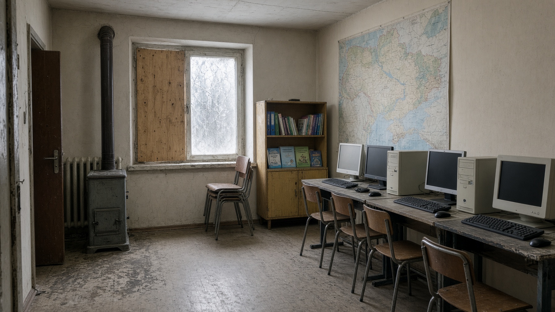 Empty northern-border village school computer room in Chernihiv or Sumy Oblast: winter light, old desktops, plywood on one window — not a city square