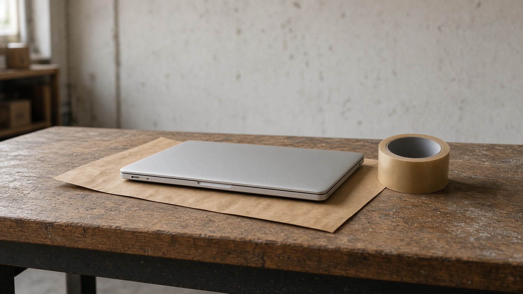 A closed thin laptop on kraft paper on a packing bench, ready to ship to Rădăuți