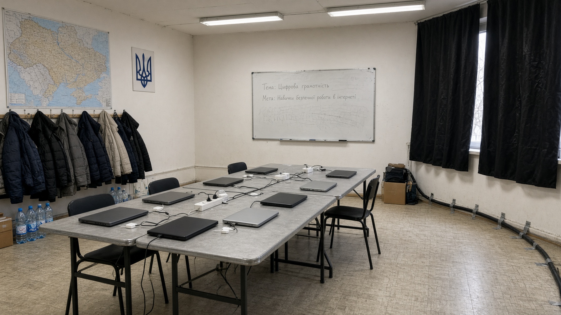 Empty Digital Learning Center in Dnipro for displaced students: folding tables of closed laptops, blackout fabric, oblast map — not the river skyline