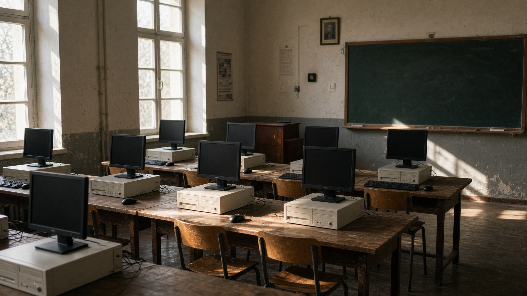 Empty rural computer classroom with refurbished desktop PCs, chairs tucked in