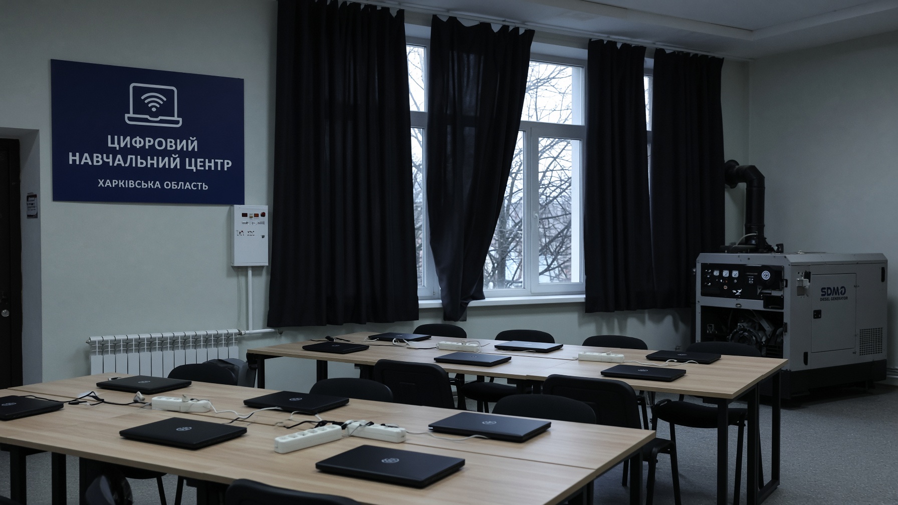 Empty Digital Learning Center in Kharkiv Oblast: closed laptops, blackout curtains, generator — the UNICEF-documented device gap, not Freedom Square