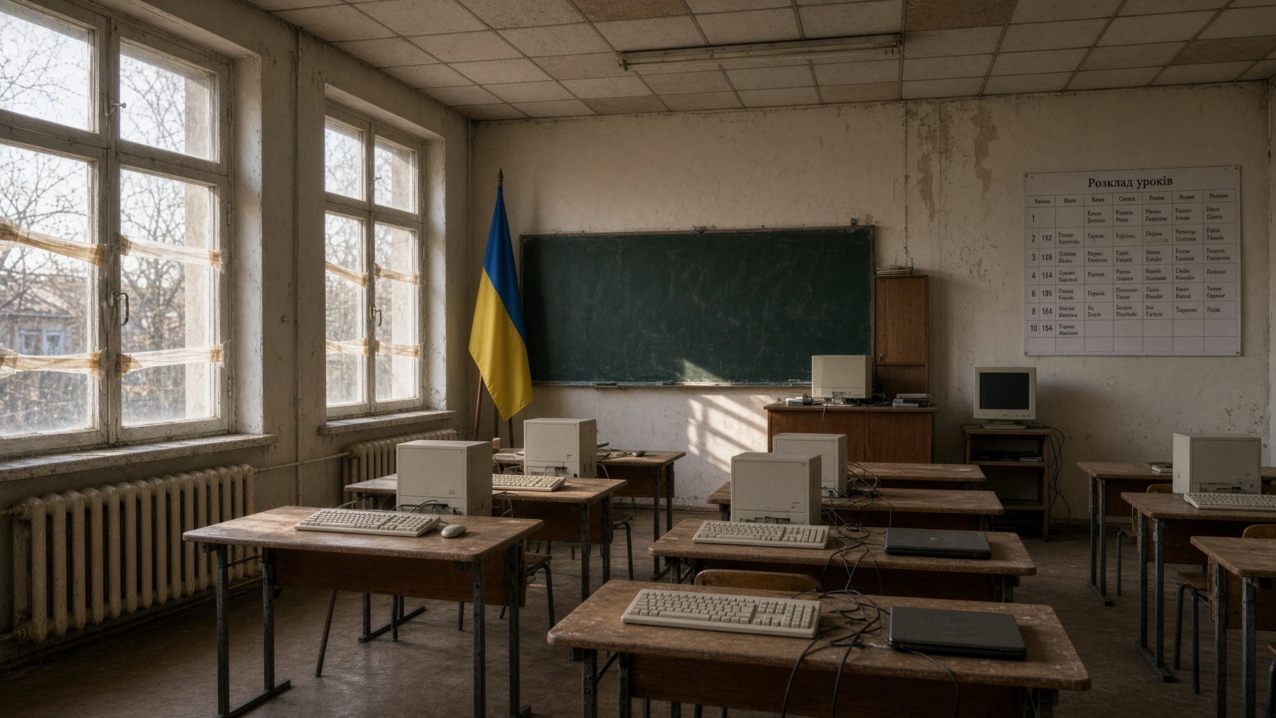 Empty lyceum computer lab in Mykolaiv Oblast: taped windows, mixed old PCs and closed laptops — Snihurivka-type classroom, not the shipyard