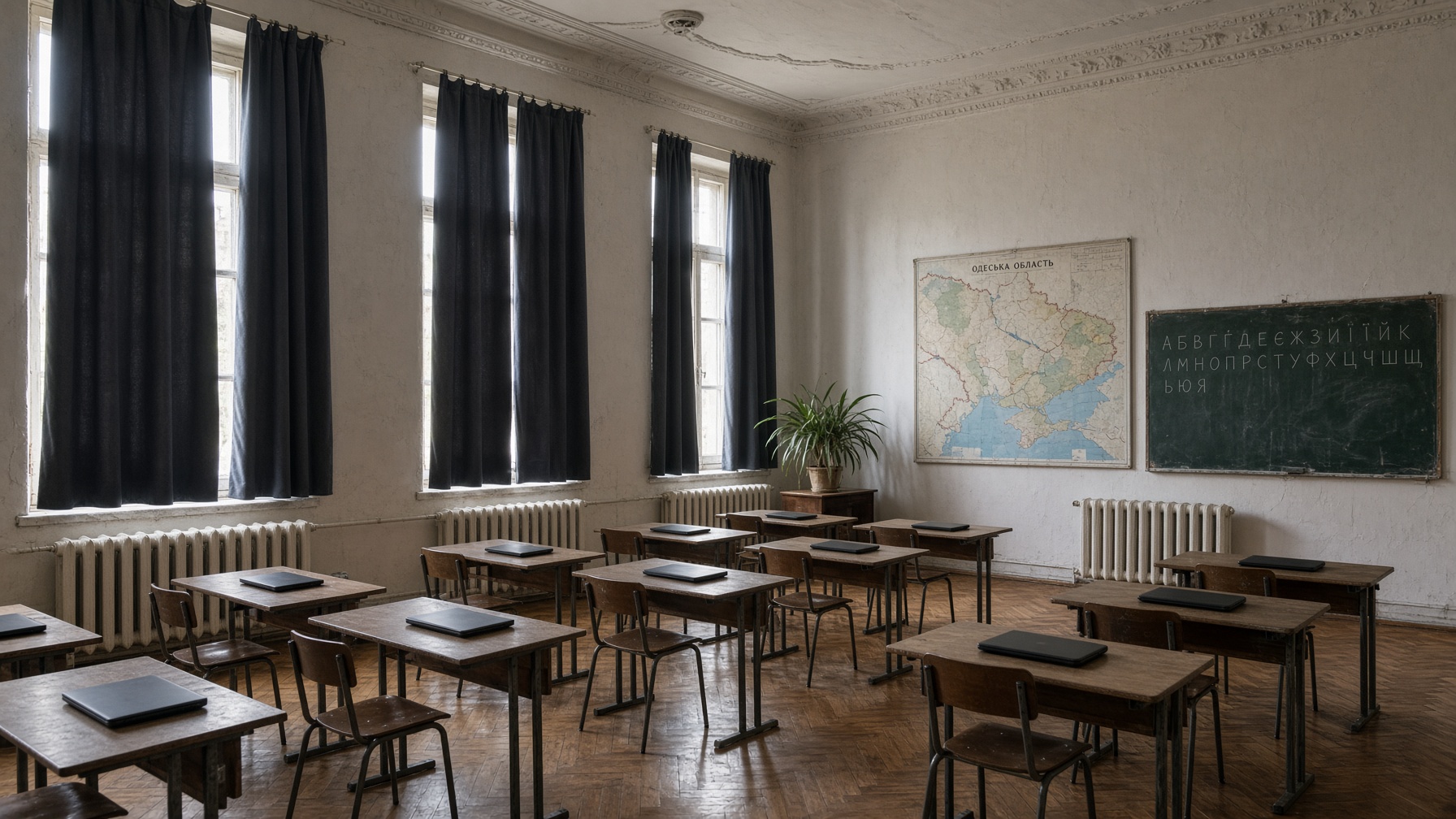Empty host-city computer classroom in a historic Odesa school: closed laptops, blackout curtains, oblast map — not the opera house