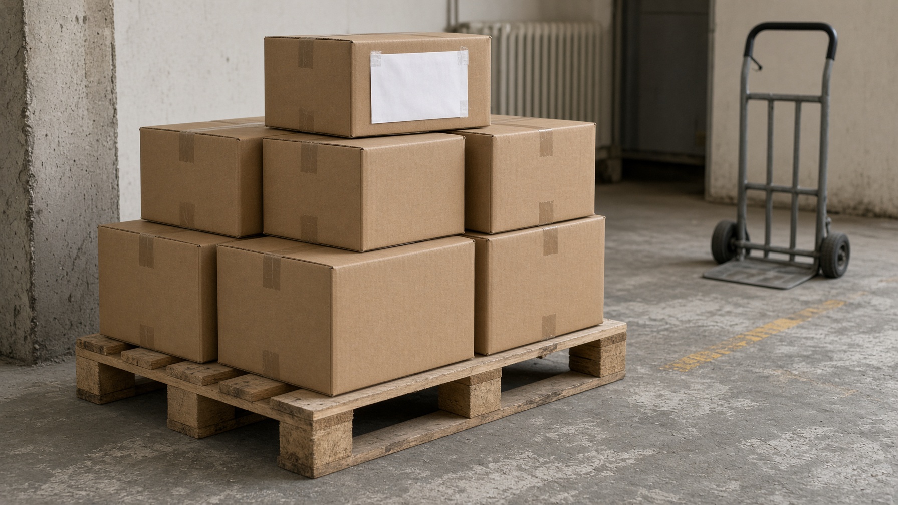 Sealed cartons of donated computers on a pallet, ready for the Rădăuți inbound depot