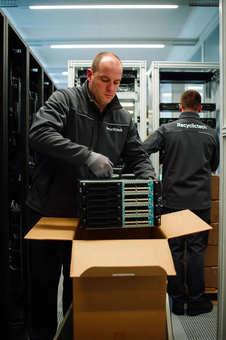 Technician packing IT equipment on a bench before shipment