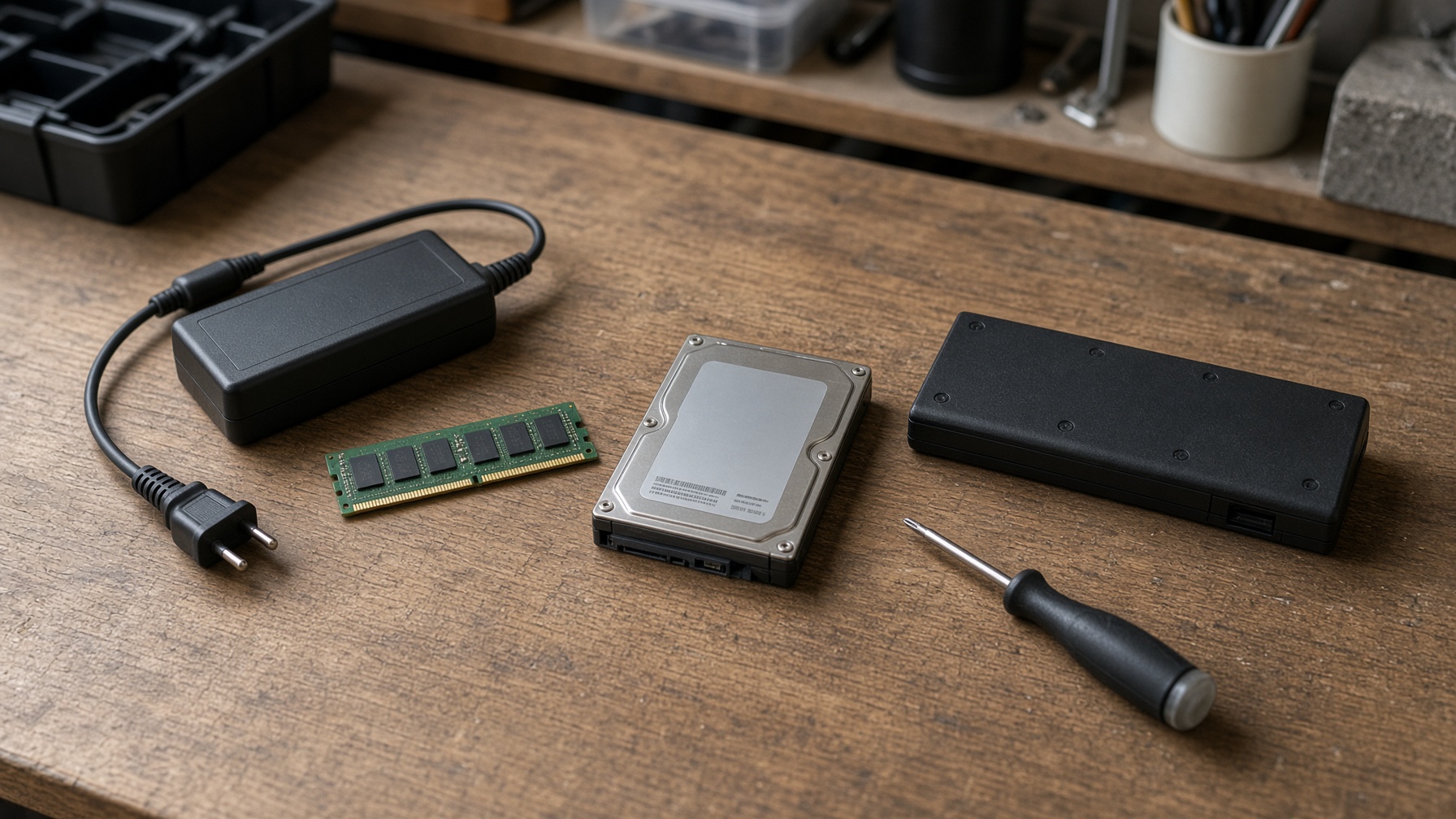 Laptop spare parts on a repair bench: charger, RAM, drive, battery and a screwdriver
