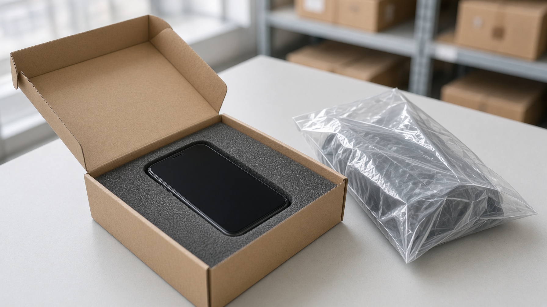 A donated smartphone packed in an open carton on a RecyclicTech packing bench