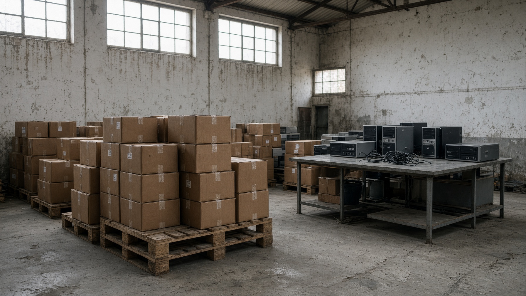 Inbound processing warehouse in Rădăuți: sealed cartons of donated IT on pallets