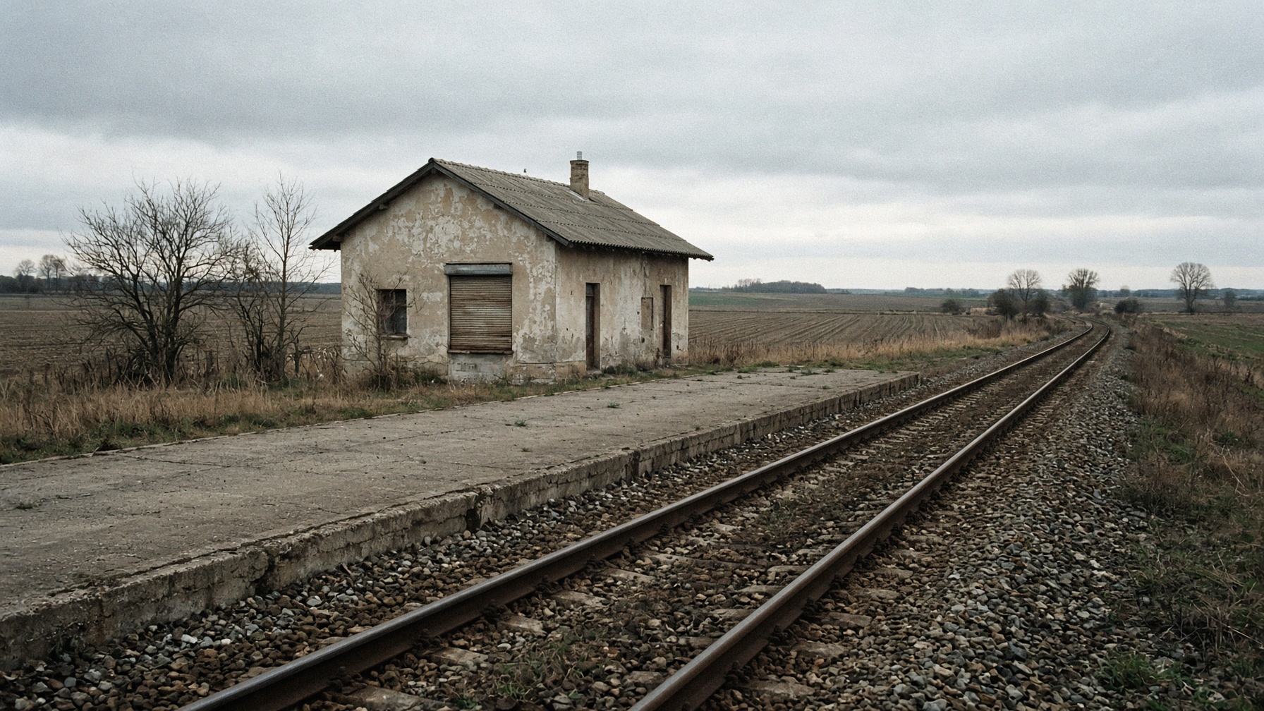 Empty rural railway halt and shuttered station — geography of departure