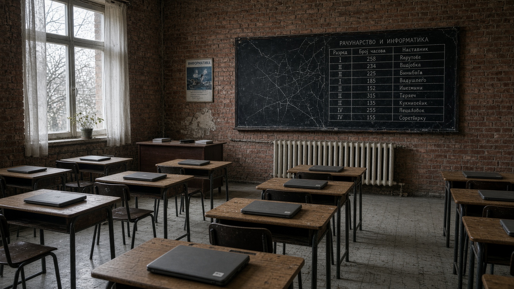 Empty village-school IT classroom in rural Serbia: closed laptops, blackboard, winter coats — the first leak, not a hillside postcard