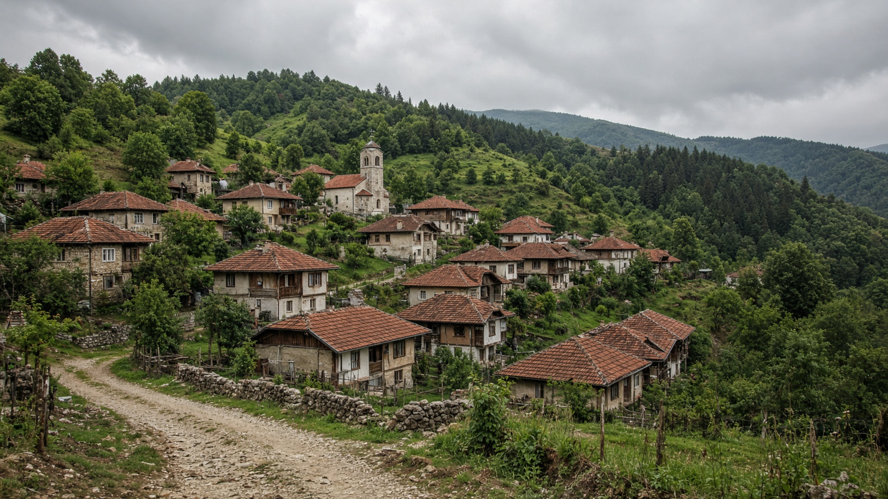 Rural Serbian village hillside — origin geography, not a portrait of a recipient