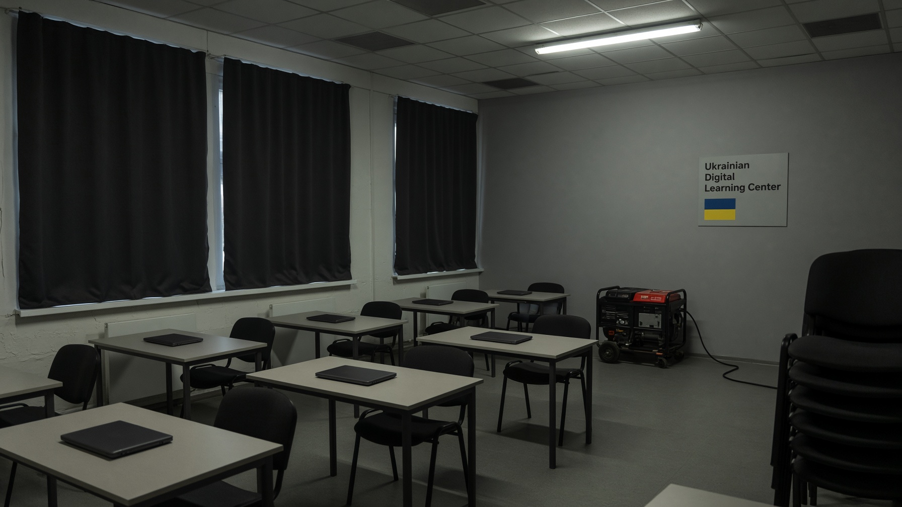 Empty Digital Learning Center classroom: closed laptops, blackout curtains, a generator
