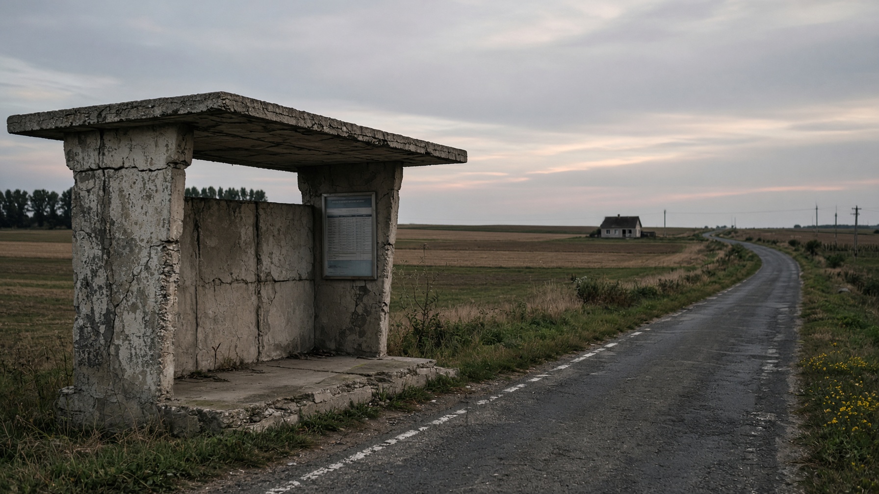 Empty rural bus stop at dusk — the geography of leaving