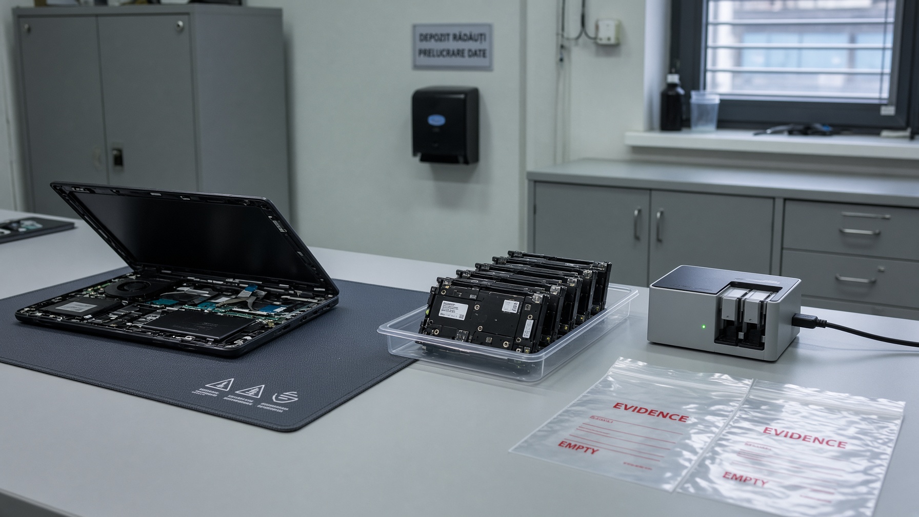 Laptop chassis and hard-drive wipe dock on a processing bench in Rădăuți