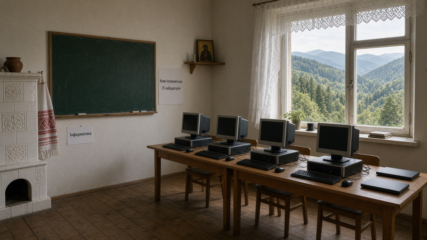 Empty Carpathian village school computer room in Zakarpattia: wooden floor, rushnyk, old PCs and closed laptops — Stavne / Svaliava / Kolochava country, not a tourism street