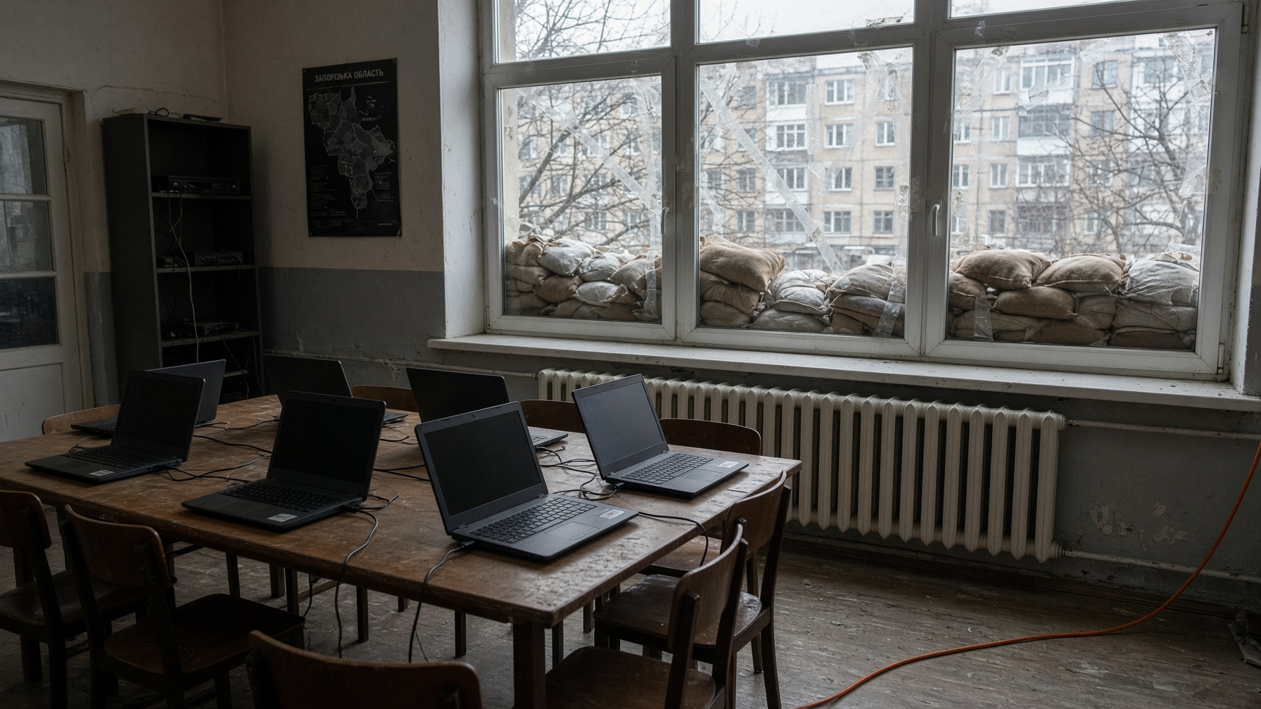 Empty frontline classroom in Zaporizhzhia: taped windows, sandbags, closed laptops on charge, generator cable — not Khortytsia Island