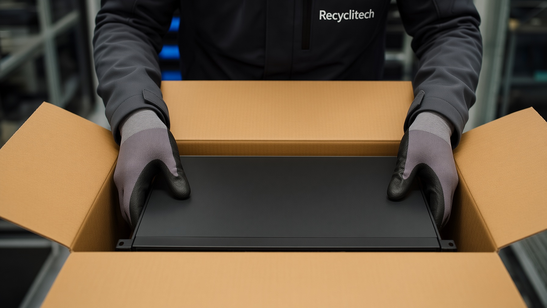 Gloved hands lowering a rack server into an open carton