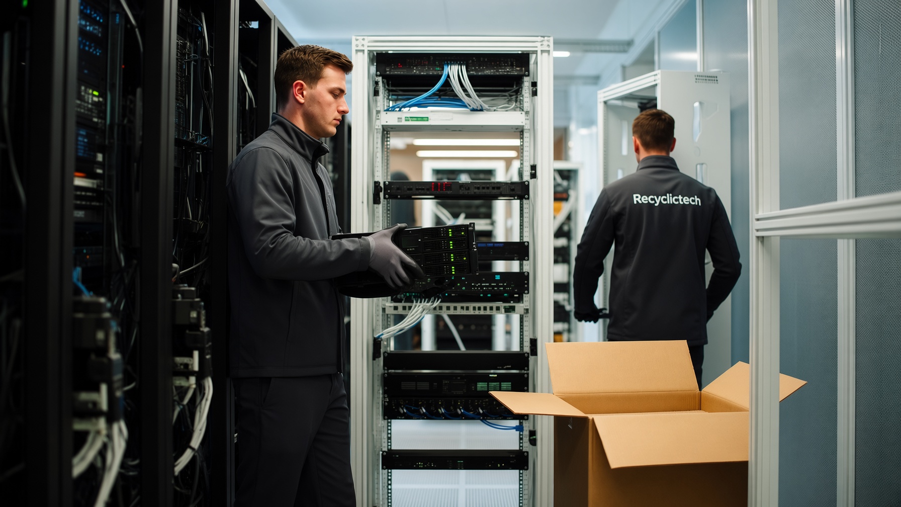 RecyclicTech technician turning a rack server toward a labelled carton