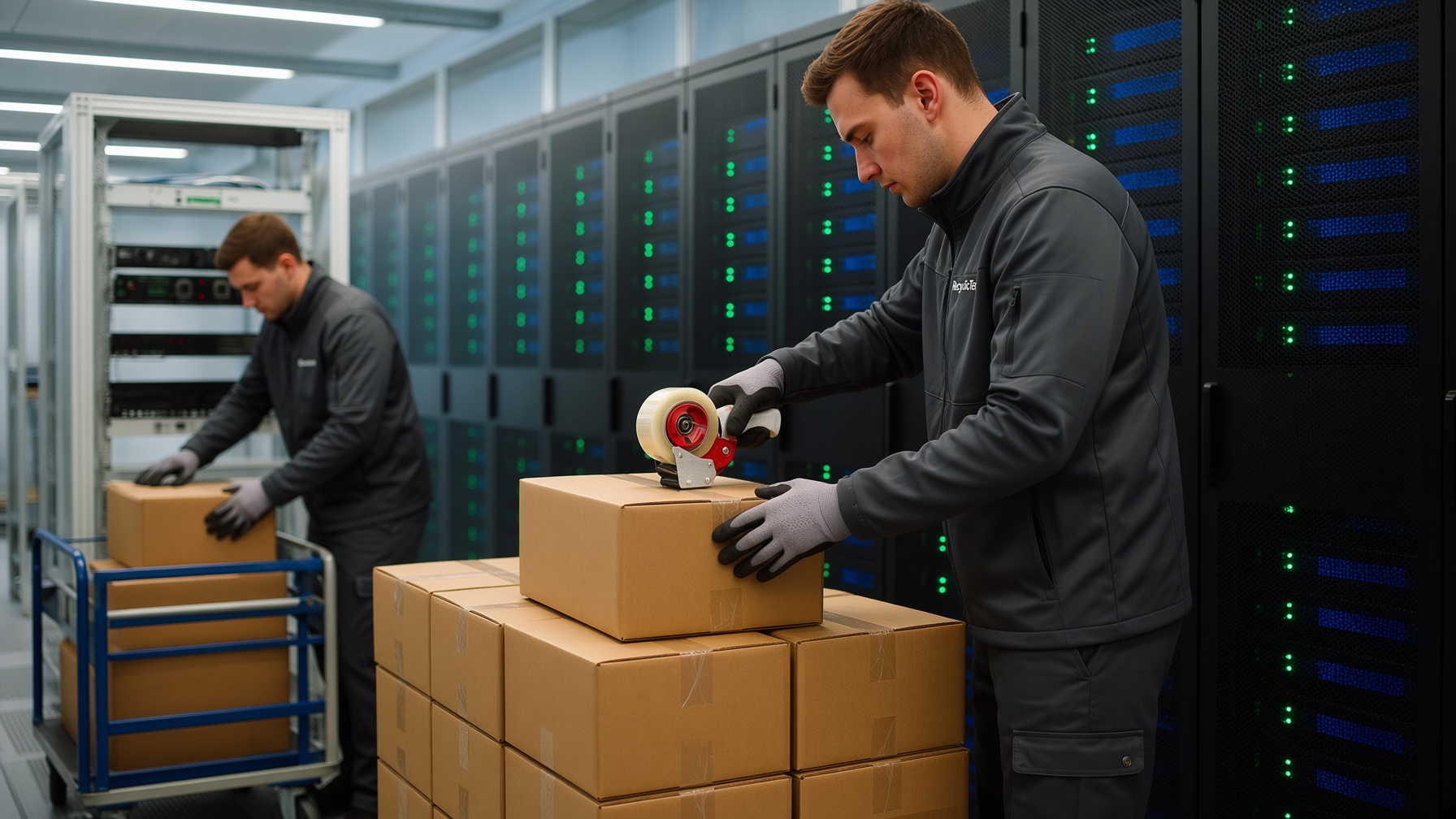 RecyclicTech technicians taping and stacking sealed ITAD cartons
